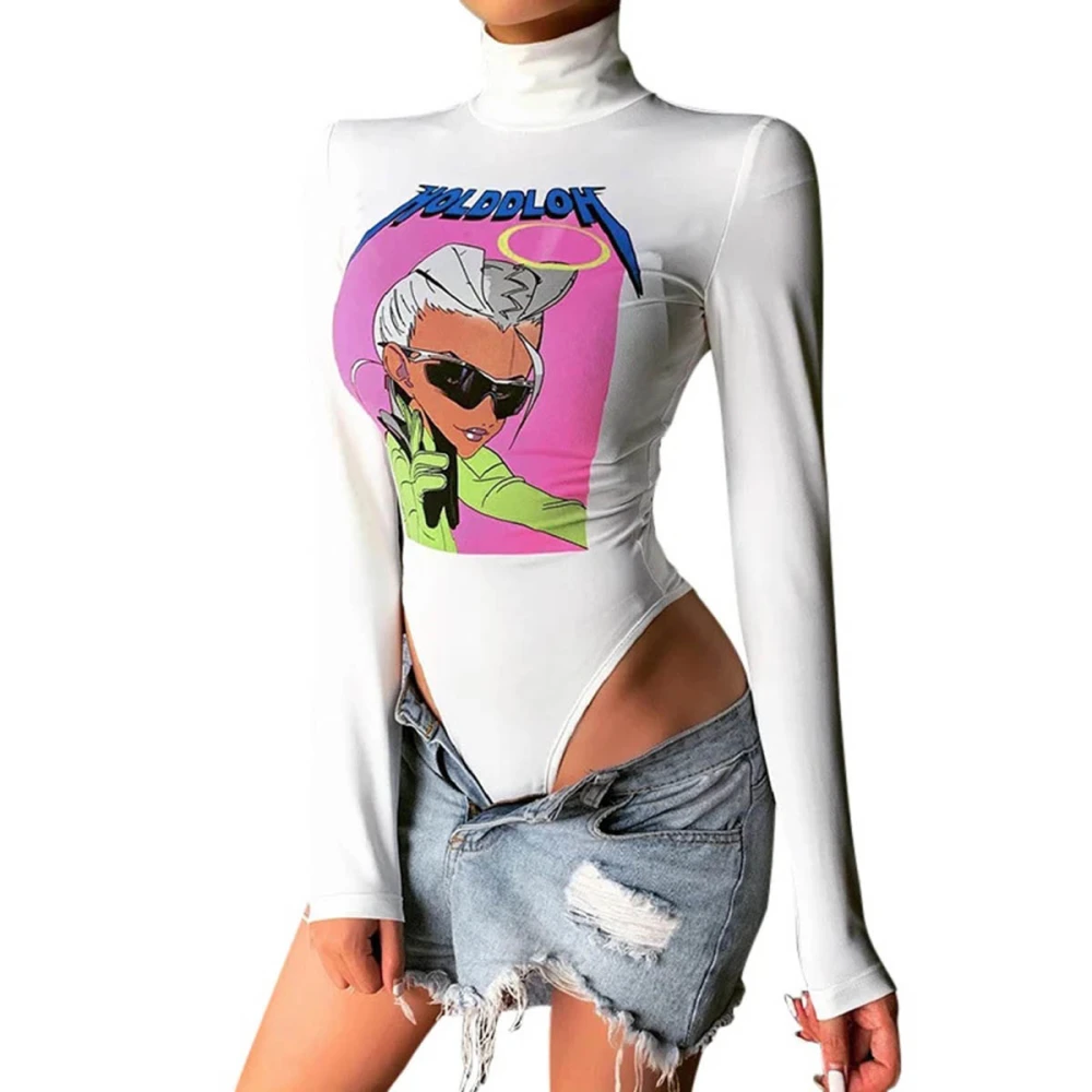 Women Casual Romper, Cartoon Printed Long Sleeve Turtleneck Bodysuit