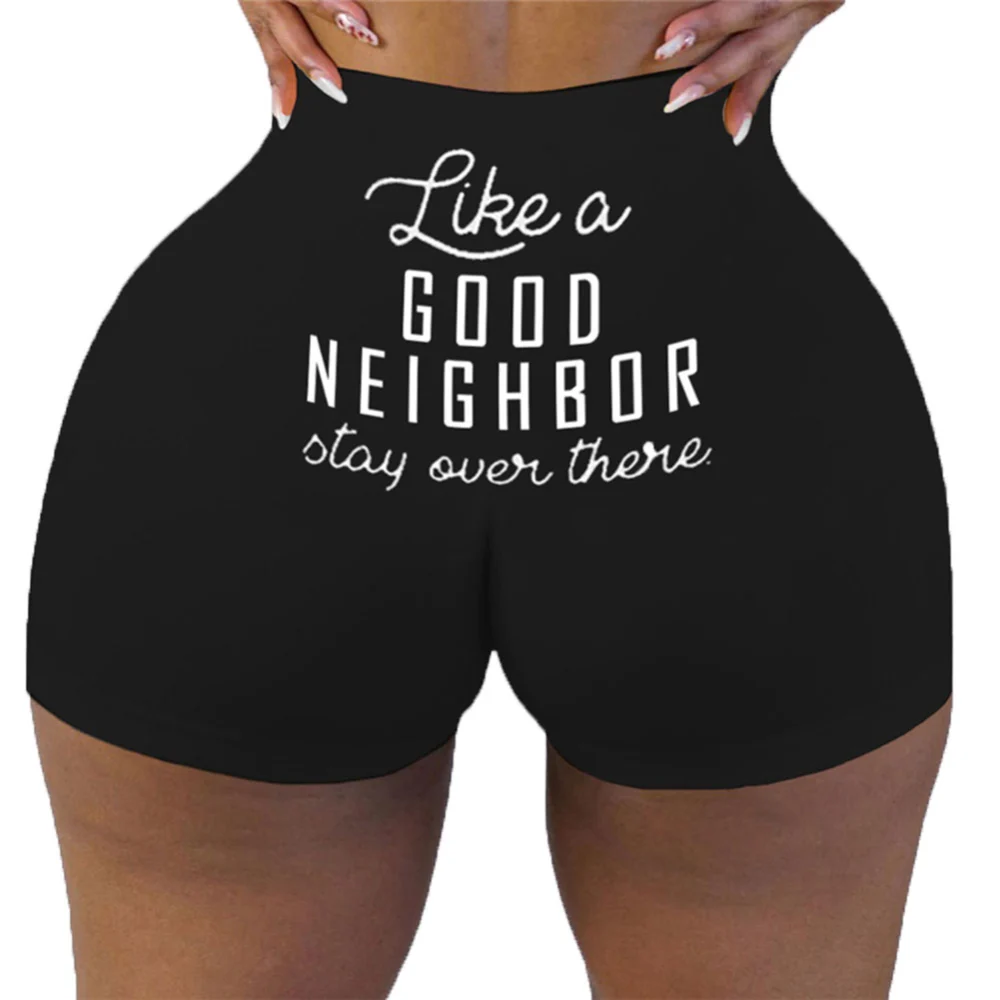 Women Skinny Shorts Cute Cartoon Letter Lips Slim High-Waist Sports Bottoms