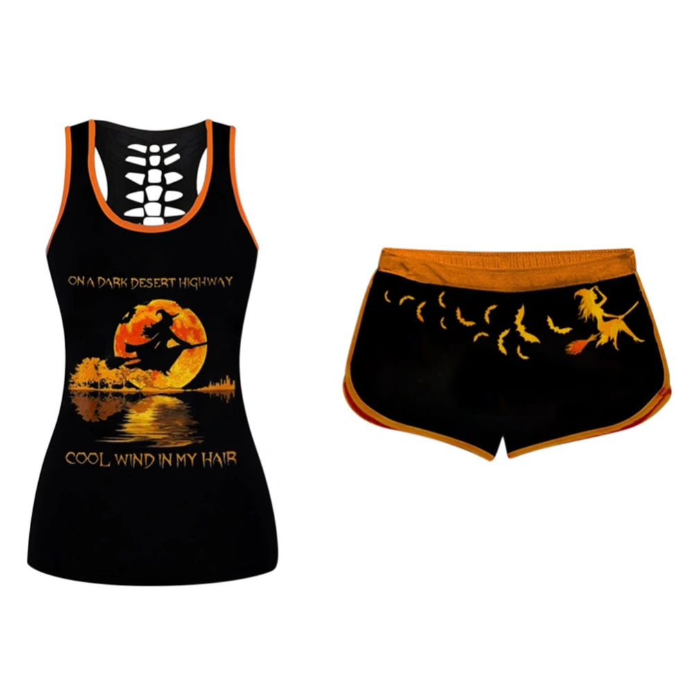 Women 2 Piece Halloween Outfit, Letter Pumpkin Print Vest + Shorts