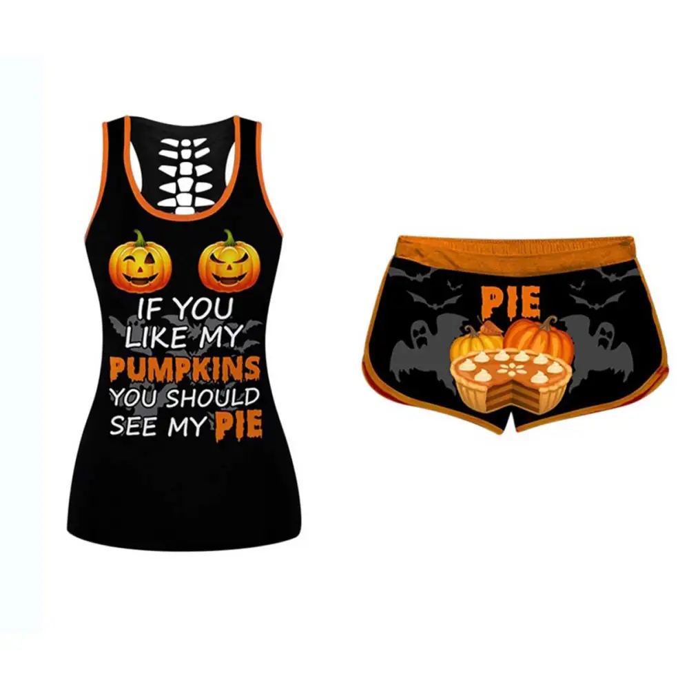 Women Halloween Outfits, Print Vest + Shorts Suits, Pumpkin Tracksuit