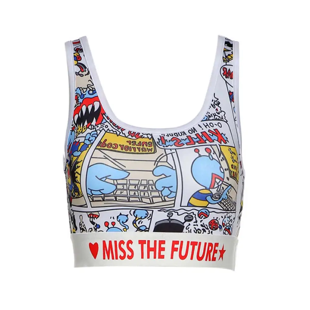 Women's Cartoon Letter Printed Tank Tops, Low U-neck Slimming Vest