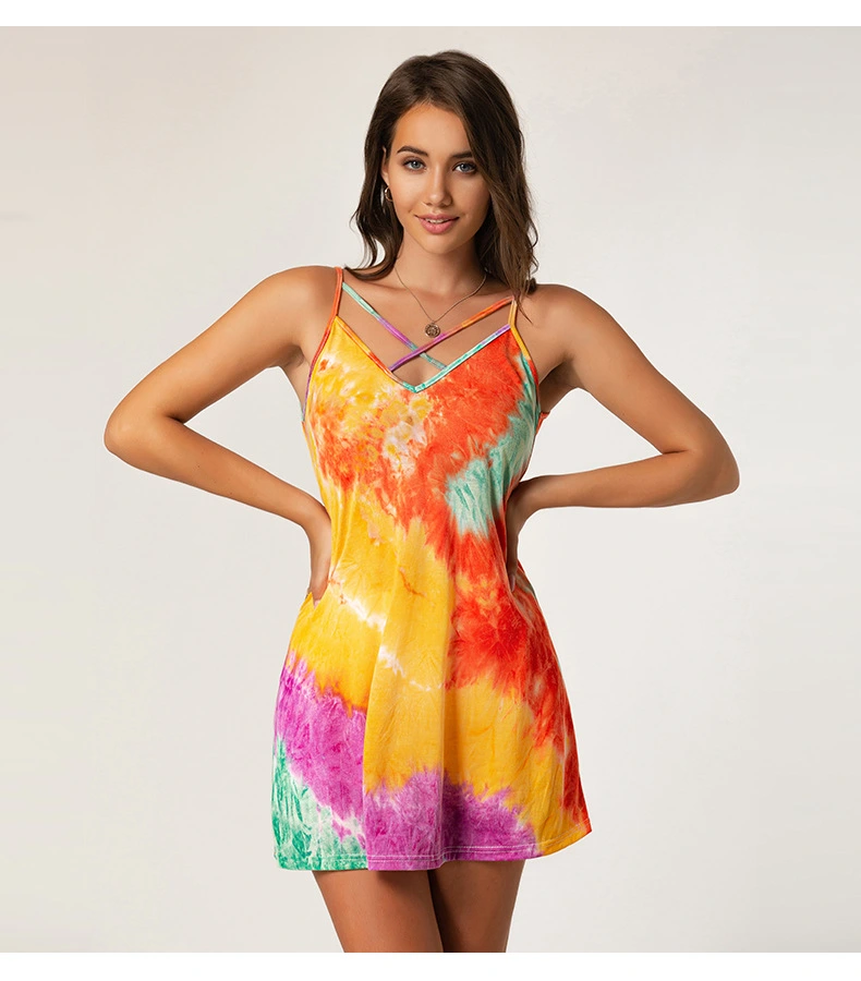 Women Dress, Sleeveless Dye Printed V-Neck Bandage Suspender Dress