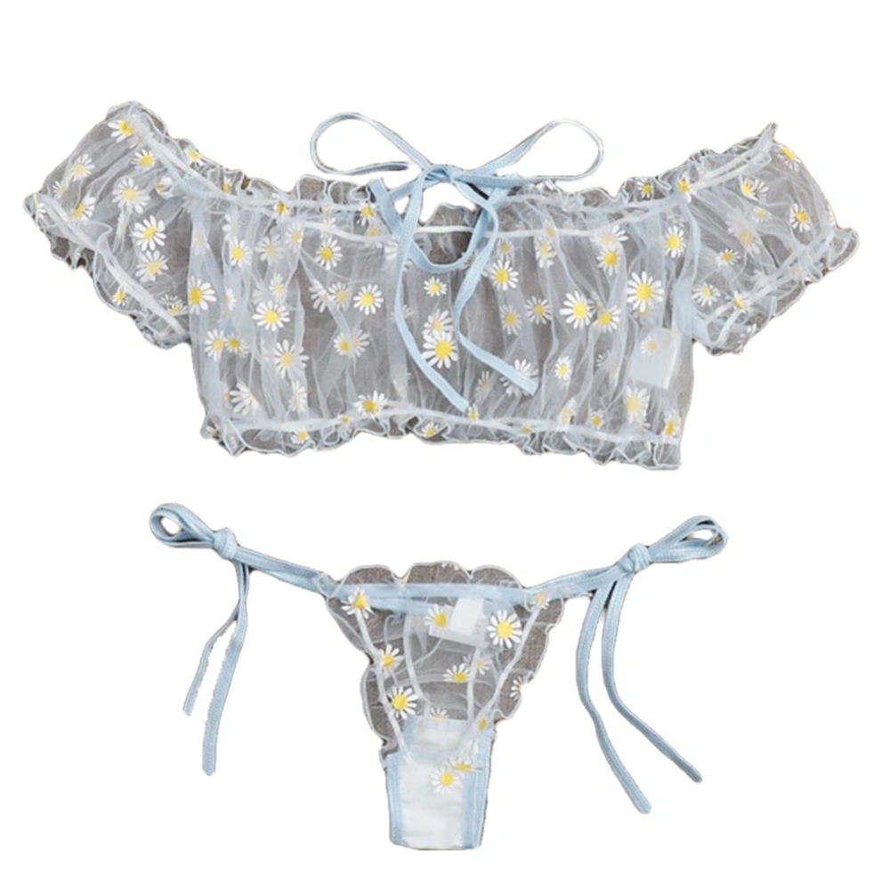 Sexy Sheer Floral Printing Off-Shoulder Crop Top+Tie-Waist Thong