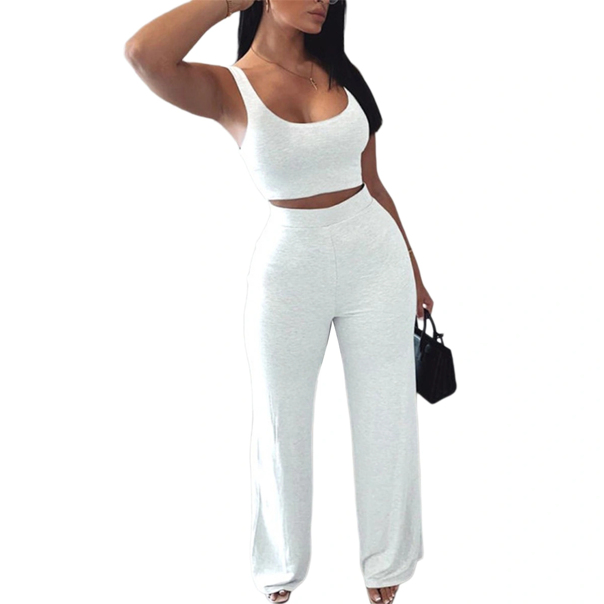 Women Solid Color Tracksuit Set, Cropped Vest + High Waist Long Pants