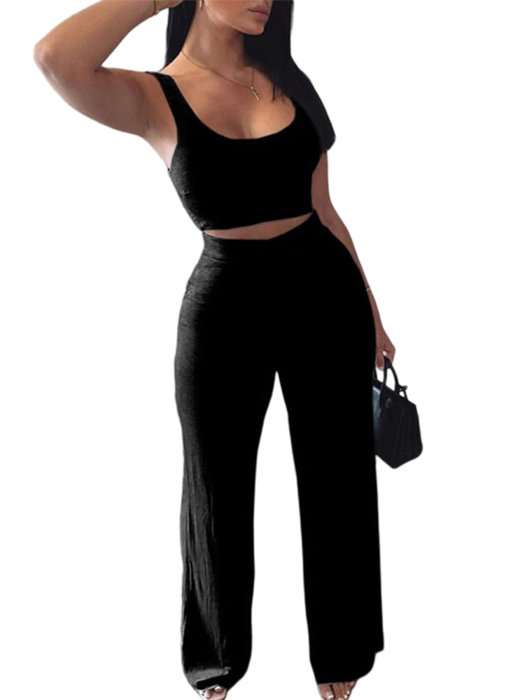 Women Solid Color Tracksuit Set, Cropped Vest + High Waist Long Pants