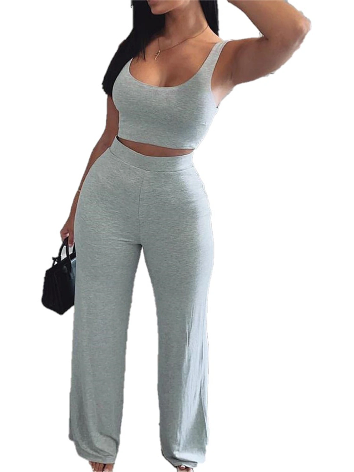 Women Solid Color Tracksuit Set, Cropped Vest + High Waist Long Pants