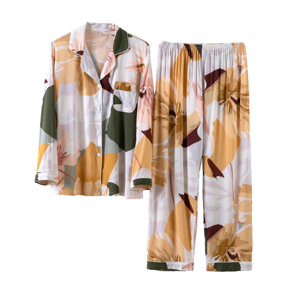 Women Pajama Suit, Long Sleeve V-Neck Tops+Printed Loose Trousers