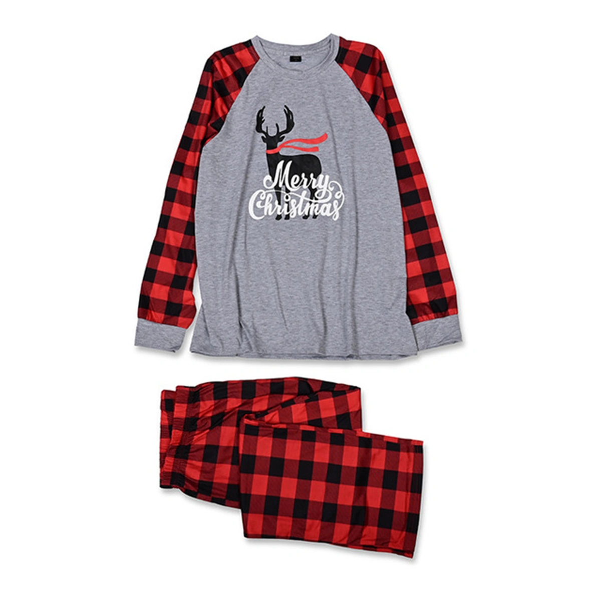 Women Christmas Pajamas, Cartoon Elk Print Plaid Pattern Sleepwear