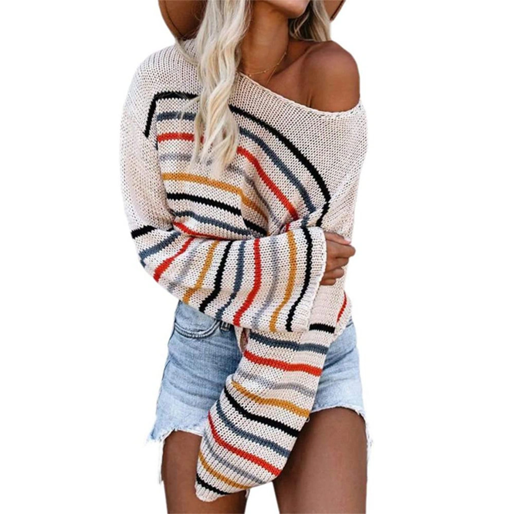 Women's Rainbow Striped Loose Sweater, Long Sleeves O-Neck Casual Tops