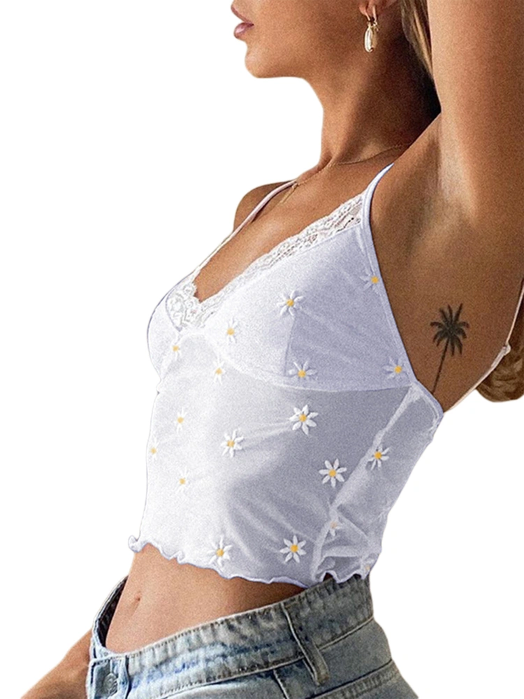 Women Summer Sleeveless Crop Tops Daisy Embroidery V-neck Lace Camisole