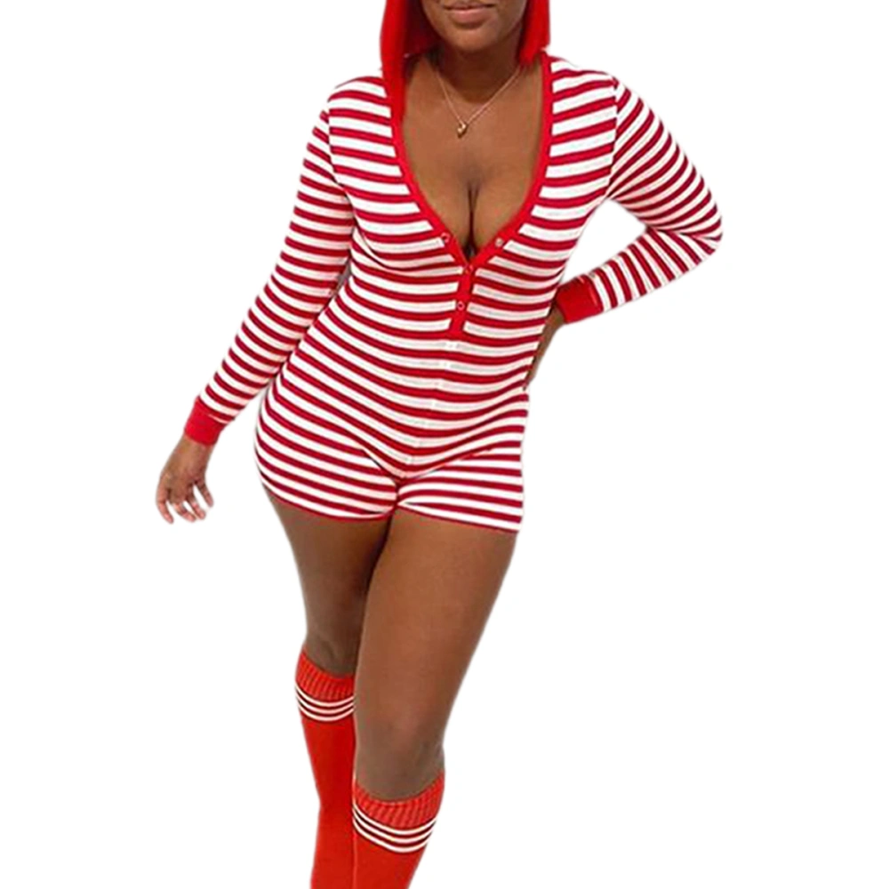 Woman's Stripe One-piece Pajamas, V-neck Long Sleeve Slim Jumpsuit