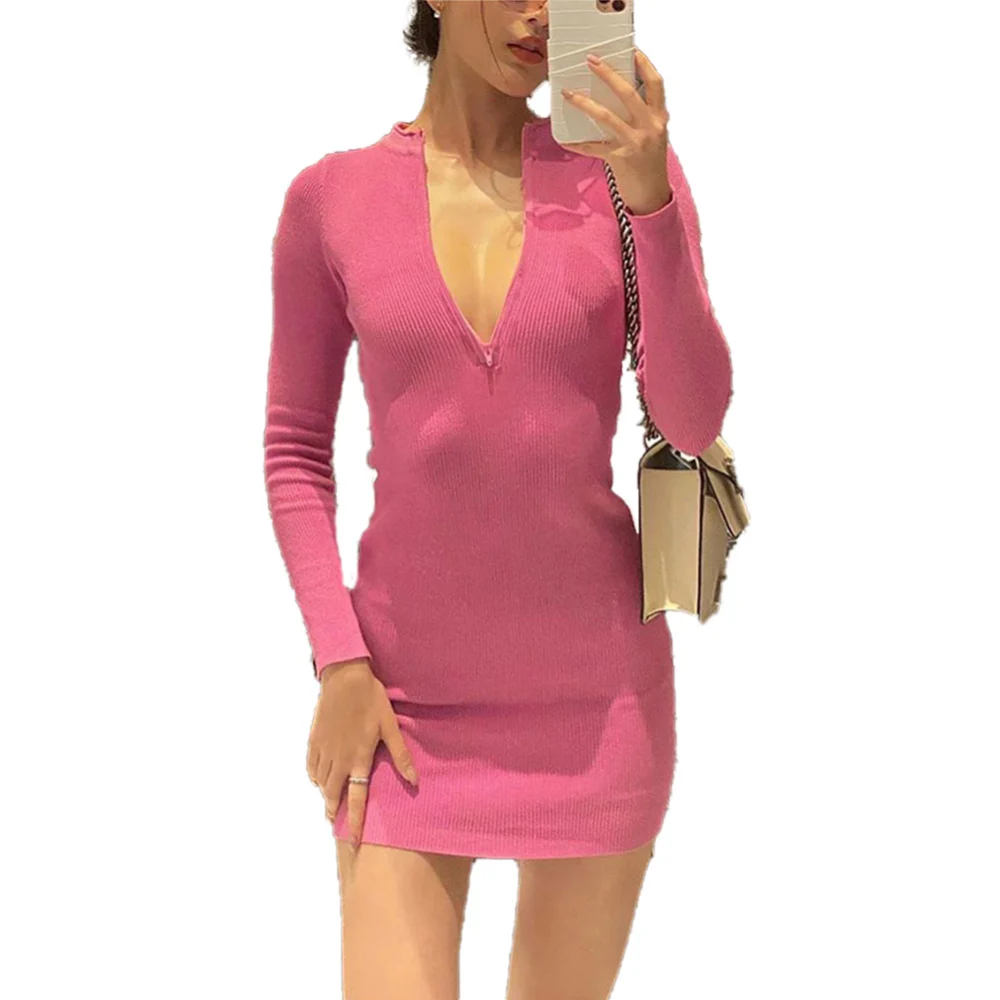 Women Sexy Dress, Long Sleeve Plain & Ribbed Zip-Up O-Neck Hip Dress