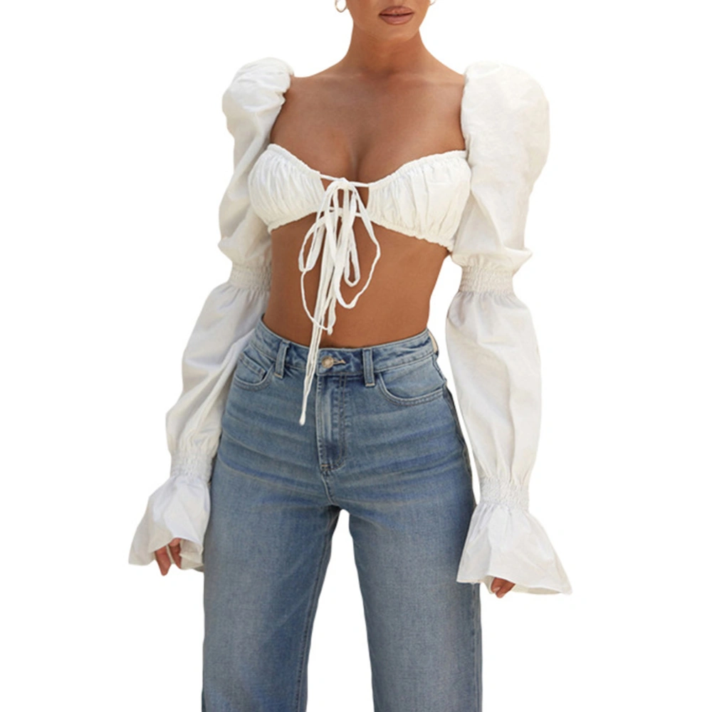 Women Long Sleeve Crop Tops Puff Flare Sleeve Solid Color Low-cut Bandage Tops