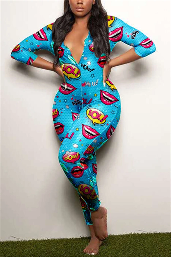 Woman's Cartoon Print One-piece Pajamas, V-neck Long Sleeve Jumpsuit