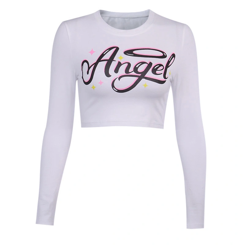 Women Shirt, Cropped Long Sleeve Letter Print Round Neck T-Shirt