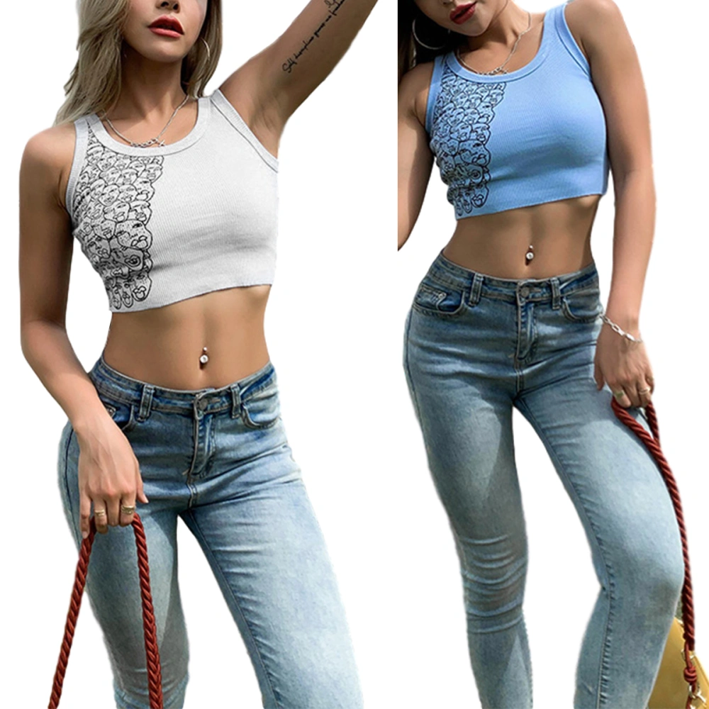 Women Summer Sleeveless Crop Tops Portrait Print Ribbed Knit O-neck Vest