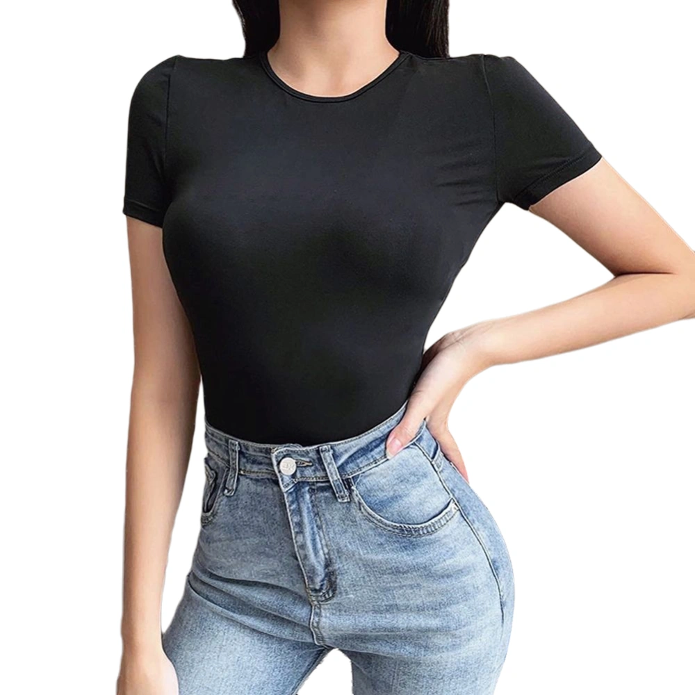 Women’s Crew Neck Short Sleeve Solid Color Backless Jumpsuit