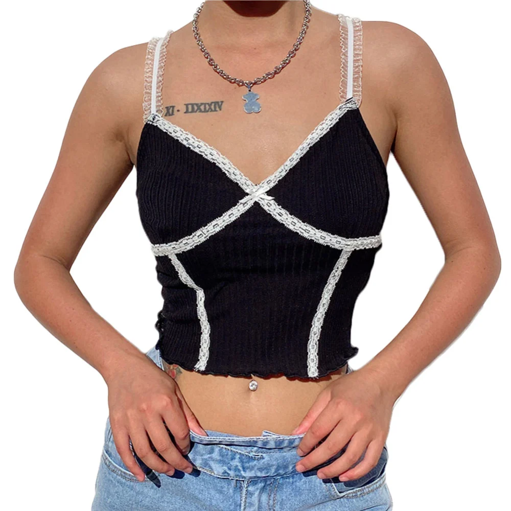 Women’s Solid Color Camisole, Lace Stitching V-neck Crop Top