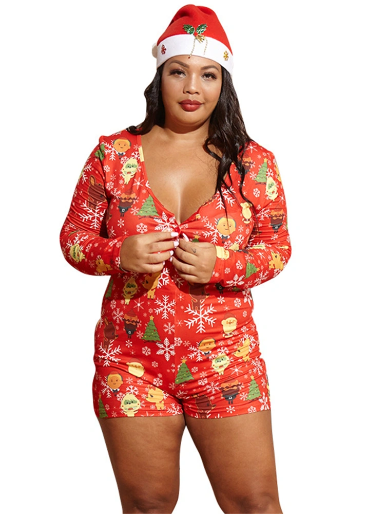 Women’s Sexy Pajamas Romper Long Sleeve Christmas Print Short Jumpsuit