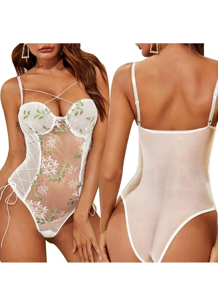 Women Sexy Bodysuit, White Suspender Lace See-through Skinny One-piece