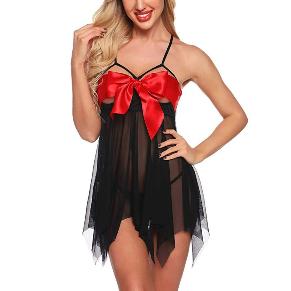 Women's 2 Piece Set Lace Pajamas Bow Tie Underwear Transparent Dress Pantie