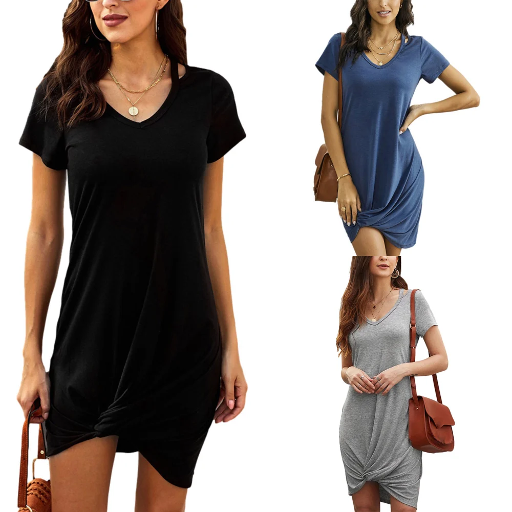 Solid Color Dress, Twist Knot Cutout V-neck Short Sleeve One-piece