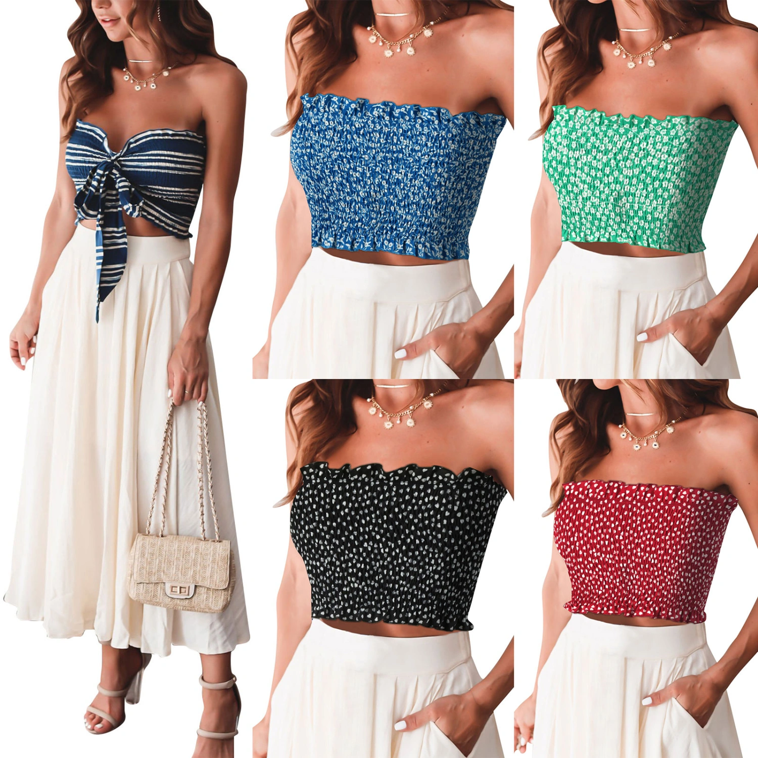 Women’s Fashion Printing Detachable Bandage Exposed Navel Tube Tops