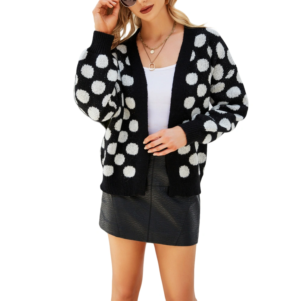 Open Front Knit Sweater, Dot Print Long Sleeve V-neck Cardigan