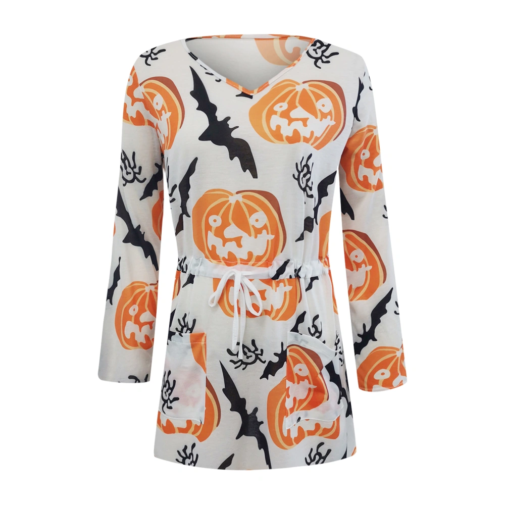 Women Halloween Dress, Pumpkin Ghost Print V-Neck Long Sleeves Skirt