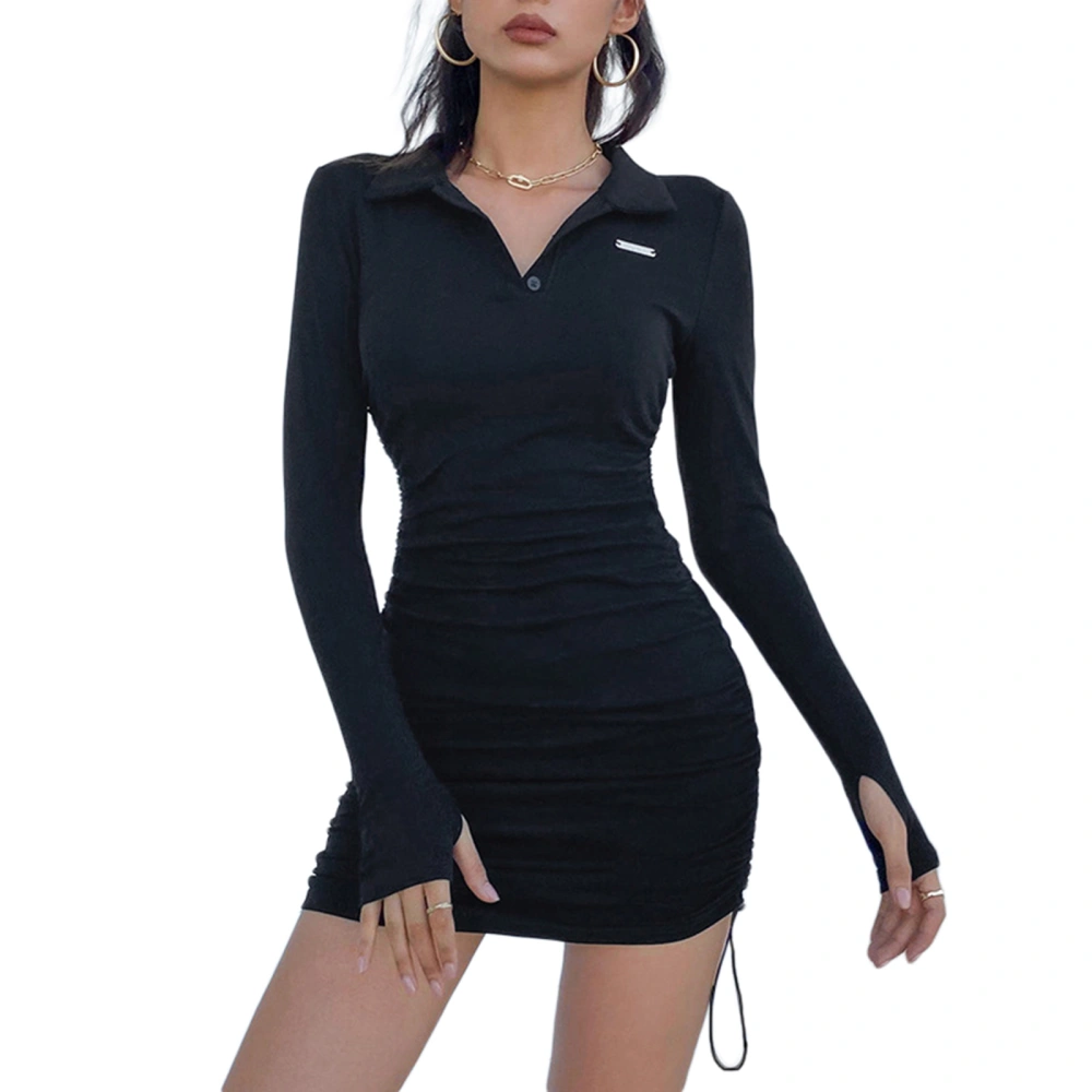 Women’s Solid Color Lapel Long Sleeve Drawstring Skinny Short Dress