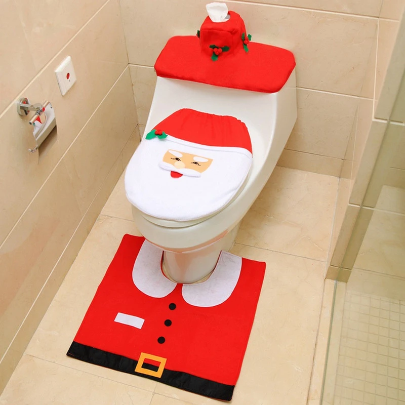 3Pcs Toilet Cushion Set, Christmas Shape Seat Cover + Rug + Tank Cover