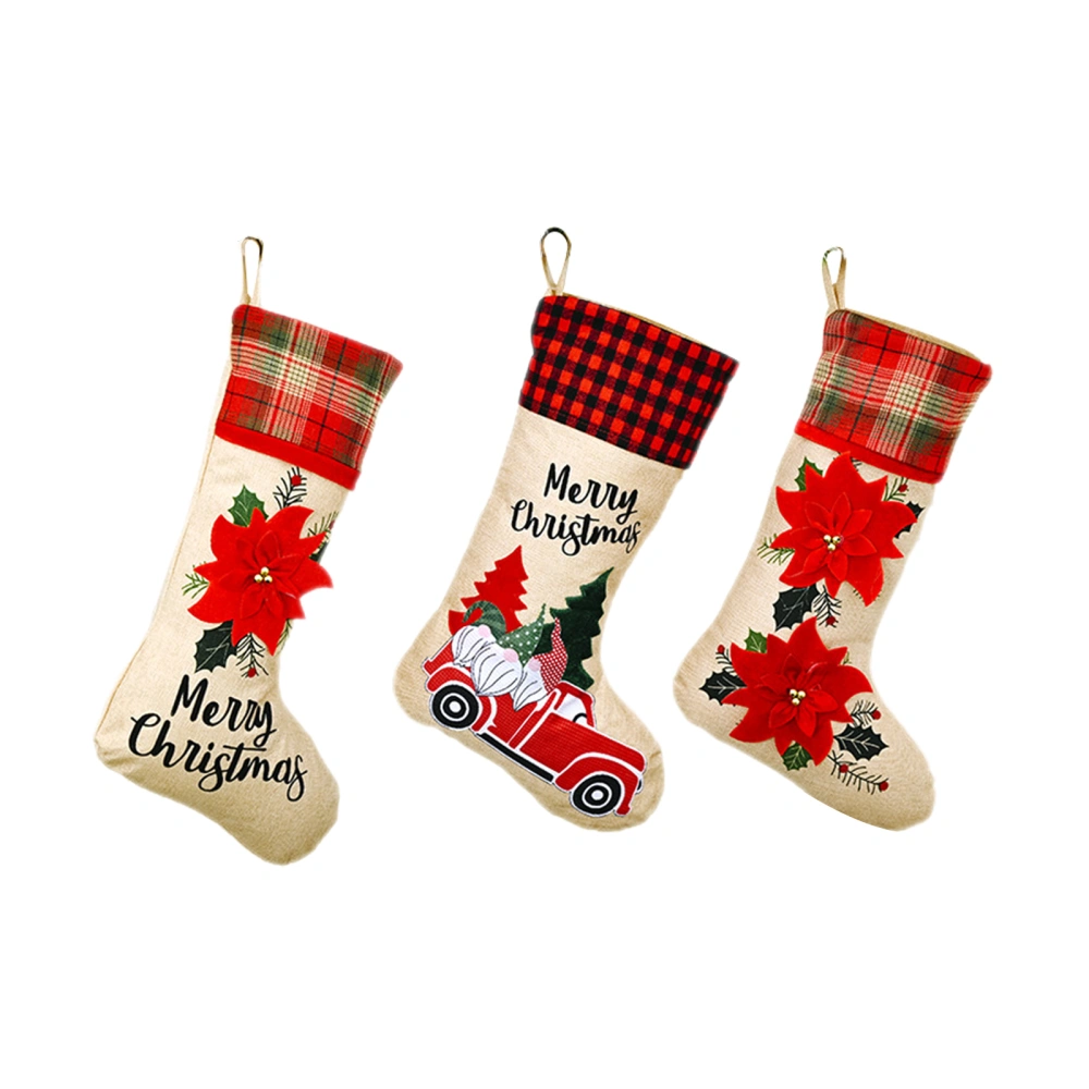 Christmas Stockings Gnomes Poinsettia Hanging Stockings with Plaid Cuff