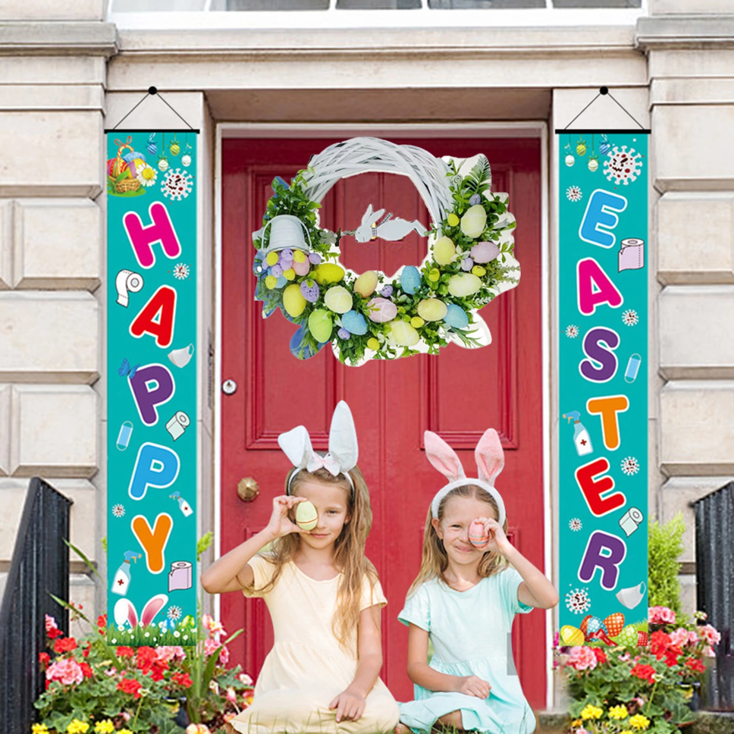 Reusable Easter Wreath Front Door Bunny Garland Hanging Decoration