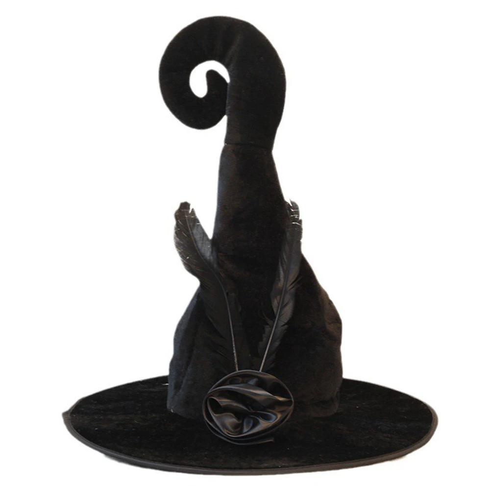 Halloween Witch Hats Women Feather Velvet Pointed Cap Accessory