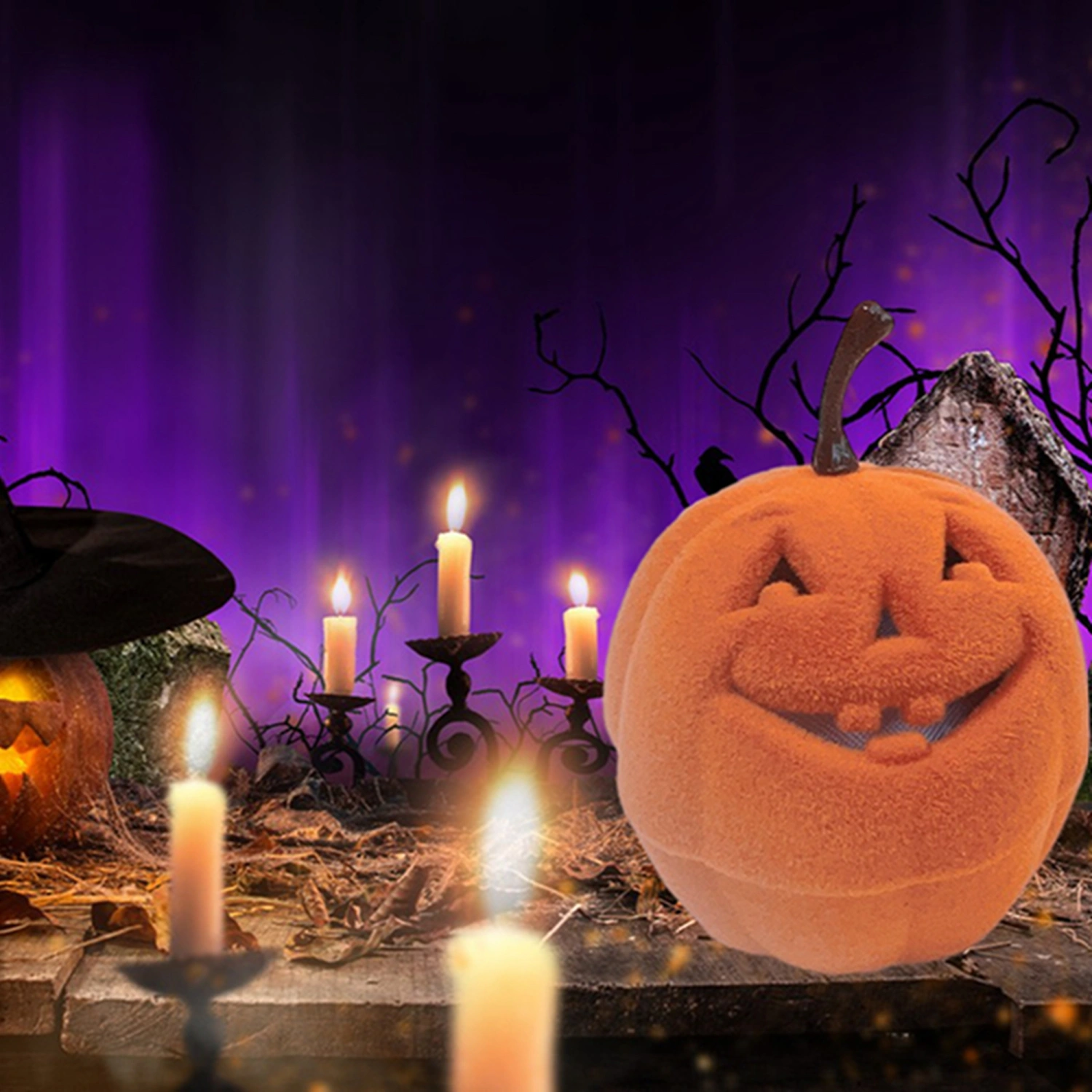 Halloween Decor Pumpkin Ring Box Plush Pumpkin Earring Storage Holder