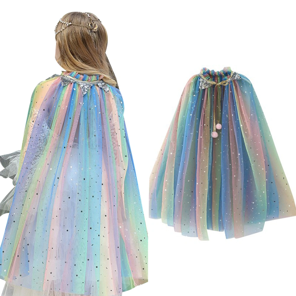 Girl's Rainbow Sequins Cape Cloak Halloween Mesh Cape Princess Cloak