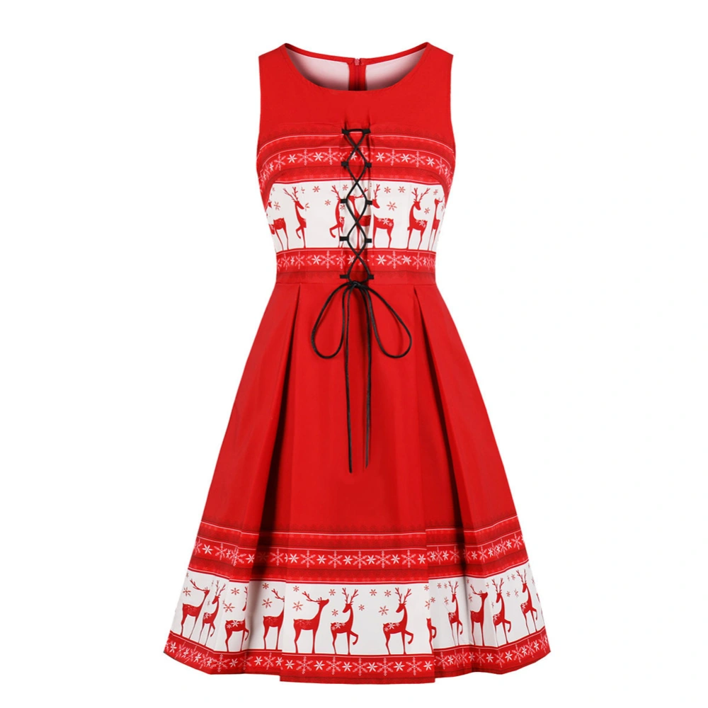 Women Sleeveless Party Dress, Crew Neck Christmas Elk Print Dress