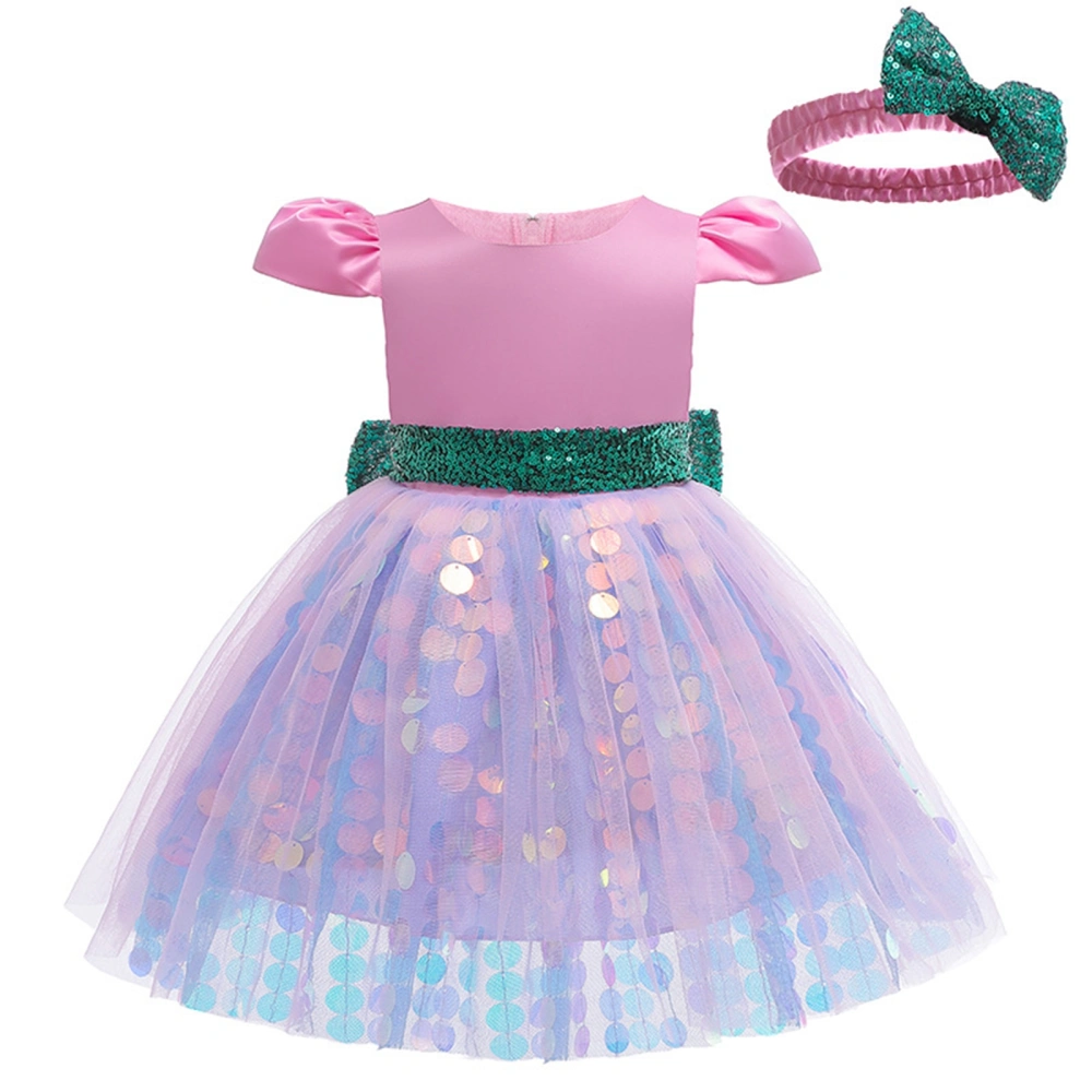 Girl's Two-piece Suit, Round Neck Bowknot Sequined Tulle Dress and Headwear