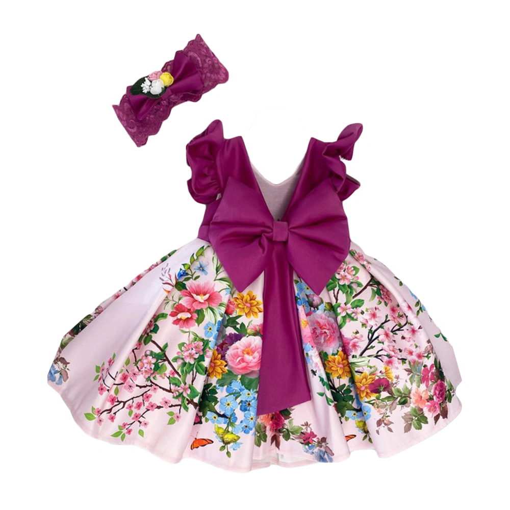 Flower Print V-Neck Fly Sleeve Dress with Bow + Headband for Party