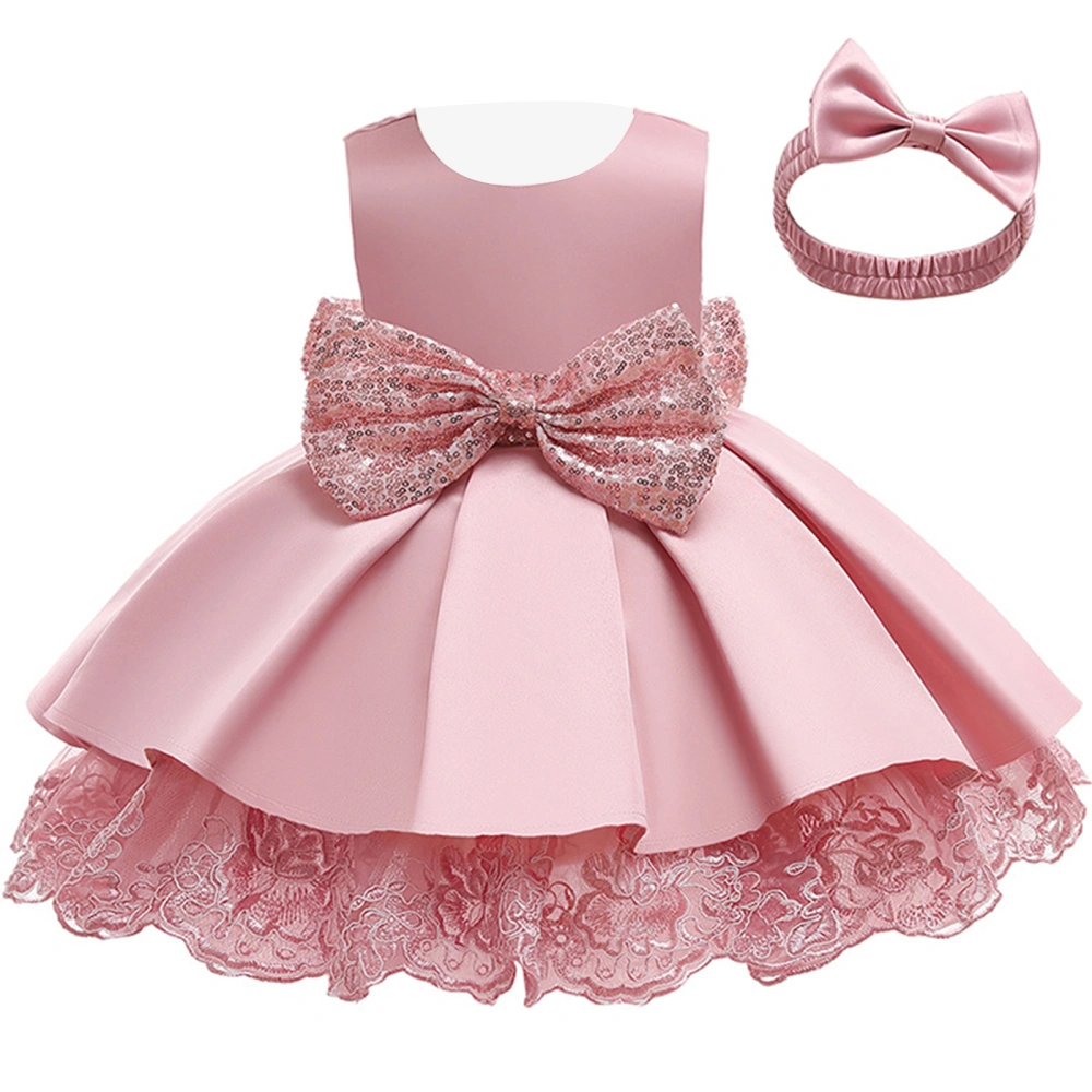 Girl Dress Sleeveless Sequined Bowknot Decoration Dress with Headband