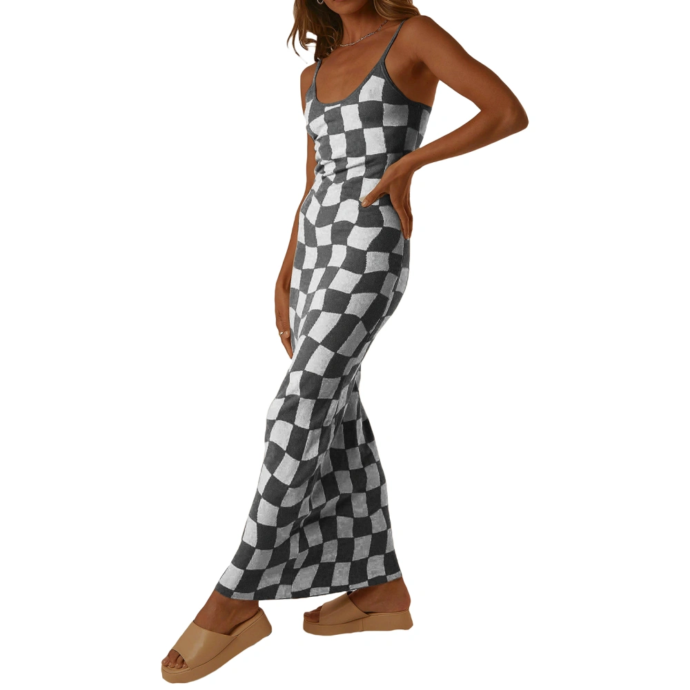 Women's Sleeveless Checkerboard Print Spaghetti Strap Dresses