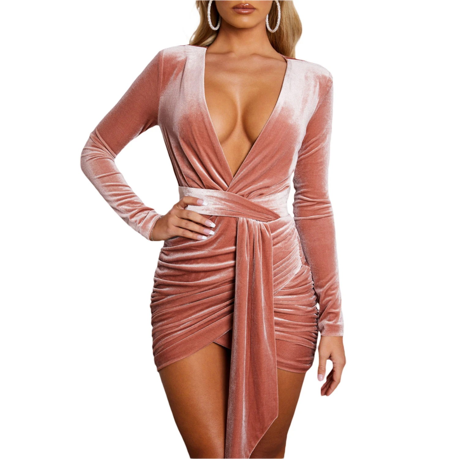 Women Evening Party Dress Solid Color Deep V-Neck Bodycon Dress
