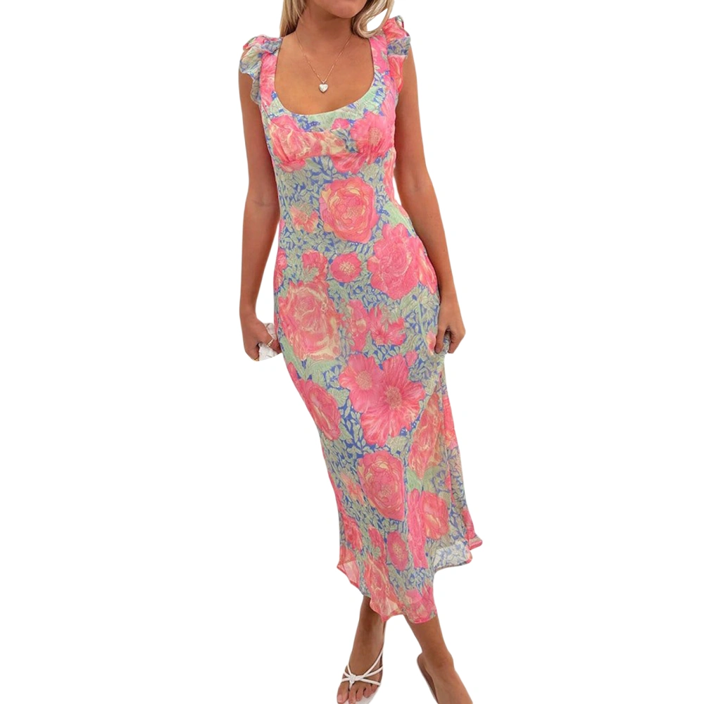 Women's Bodycon Long Dress Sleeveless Floral Print Summer Midi Dress