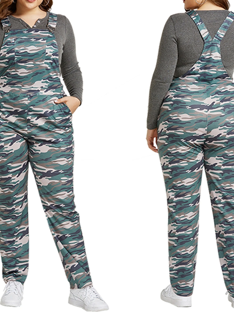 Women Oversize Suspender Trousers, Army Green Camouflage Jumpsuit