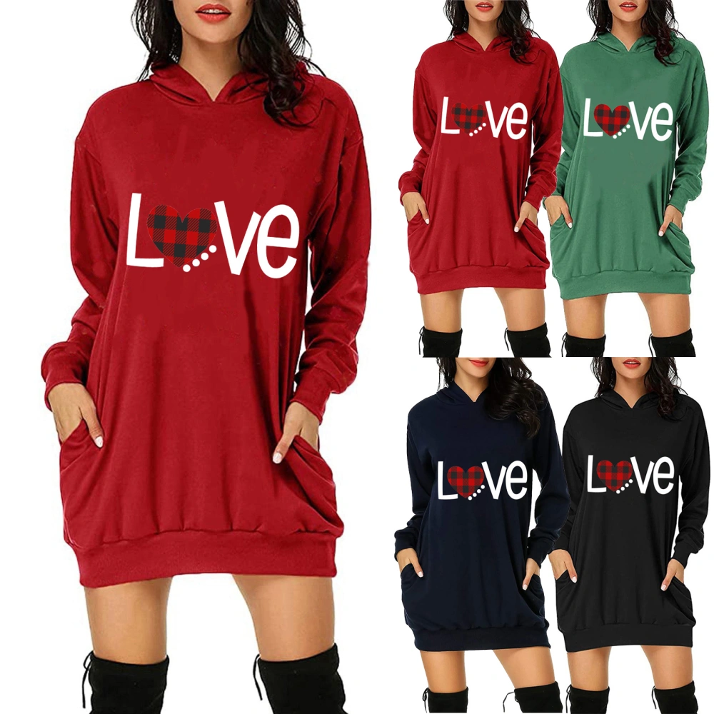 Women Autumn Love Letter Pattern Long Sleeve Side Pocket Hoodie Tops