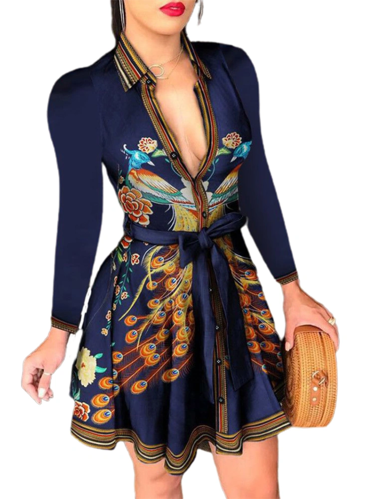 Women Solid Color / Leaves Flower / Peacock Tie Waist Pleated Dress