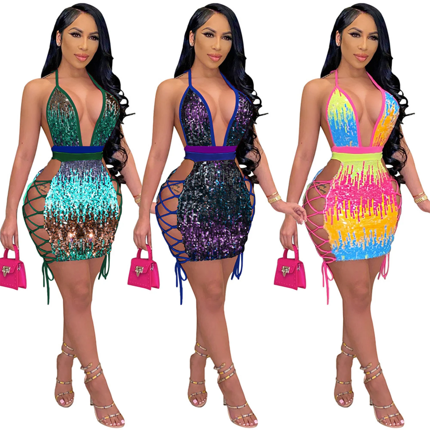 Women’s Contrast Color Sequin Hollow Halter Skinny Short Dress