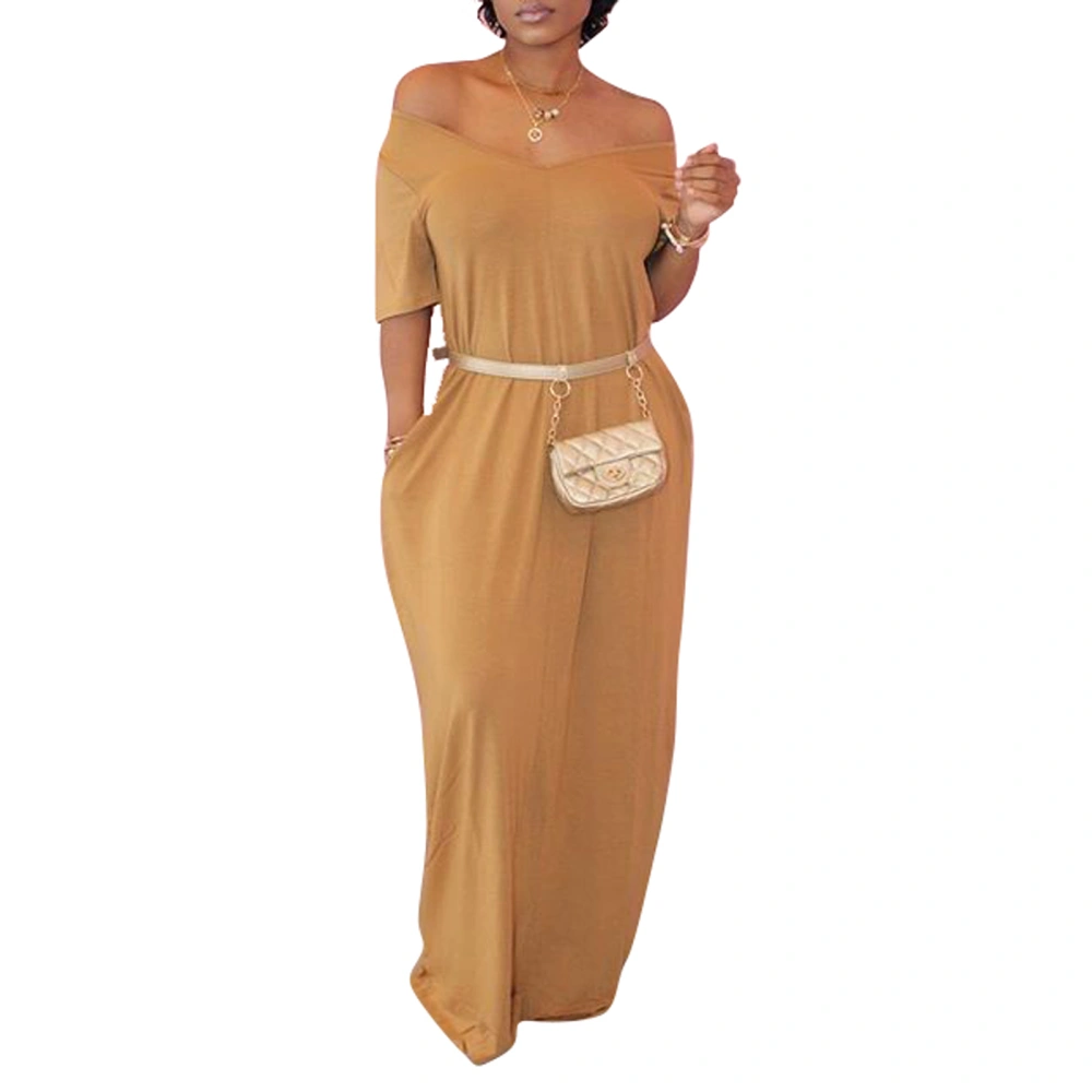 Women Summer Maxi Dress, Solid Color Off Shoulder Short Sleeves Skirt