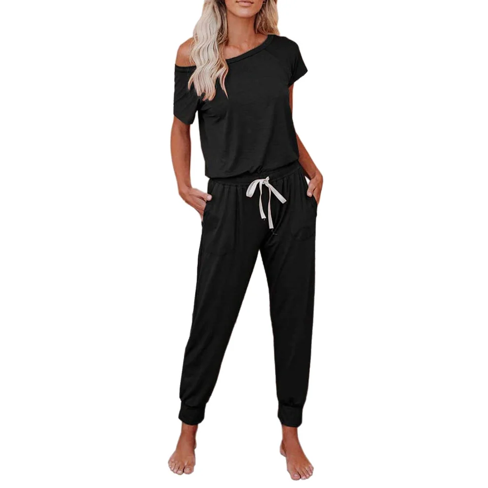 Women Solid Color Clothes Set, Off-shoulder Tops+Drawstring Long Pants