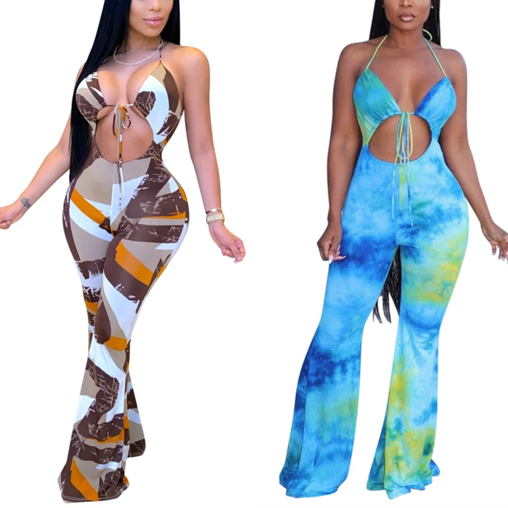 Women Summer Romper Dye Neck-Hanging Trousers Sleeveless Jumpsuit